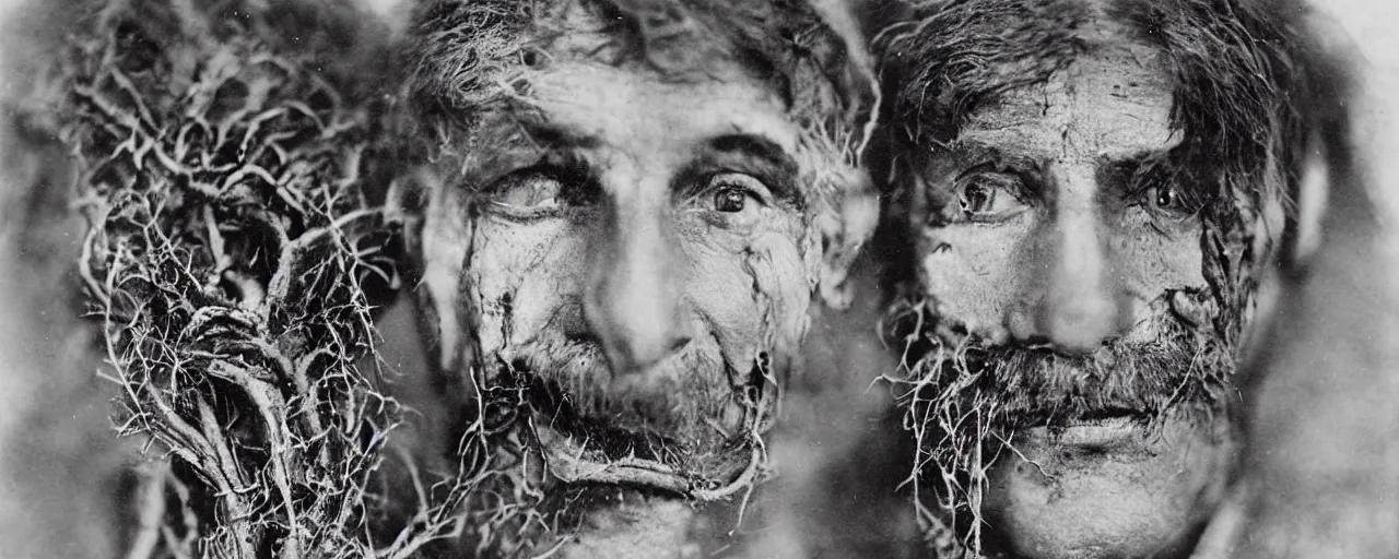 Image similar to 1920s portrait photography of alpine old farmer transforming into a monster, roots growing out of his face
