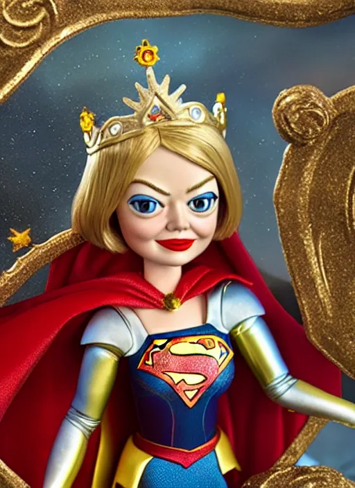 Prompt: highly detailed closeup, face profile portrait of a tin toy emma stone as supergirl as a fairytale princess wearing a crown, bikini, unreal engine, nicoletta ceccoli, mark ryden, earl norem, lostfish, global illumination, detailed and intricate environment