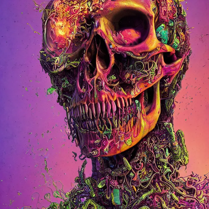 Image similar to portrait of a psychedelic skull. razor sharp teeth. infected with zombie fungus. intricate abstract. intricate artwork. nightmare fuel. by Tooth Wu, wlop, beeple, dan mumford. octane render, trending on artstation, greg rutkowski very coherent symmetrical artwork. cinematic, hyper realism, high detail, octane render, 8k, iridescent accents