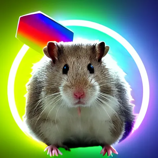 Image similar to cyberpunk hamster! holding rainbow! gem! crystal, neon lights, light reflection, 8 k, hd