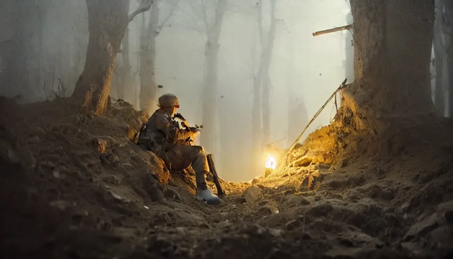 Image similar to beautiful painting of a soldier in a trench waiting for the war to end. cinematic lighting by greg rutkowski,