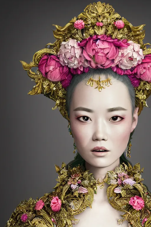 Image similar to a beautiful empress portrait, with a brilliant, impossible striking big flower headpiece, clothes entirely made out of flowers, symmetrical, dramatic studio lighting, rococo, baroque, jewels, asian, hyperrealism, closeup, D&D, fantasy, intricate, elegant, highly detailed, digital painting, artstation, octane render, 8k, concept art, matte, sharp focus, illustration, art by Artgerm and Greg Rutkowski and Alphonse Mucha