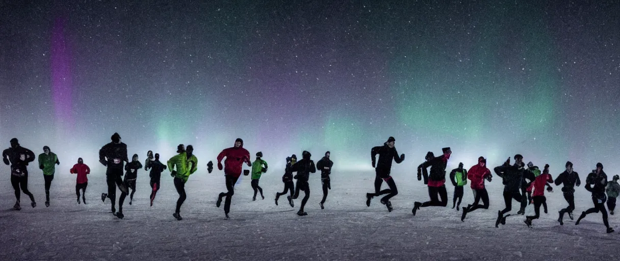 Image similar to a creepy dimly lit hyper detailed photo realistic vivid close up photograph of a group of six people running at night in antarctica running through mcmurdo station base screaming oh my god terror shadows evil darkness aurora borealis