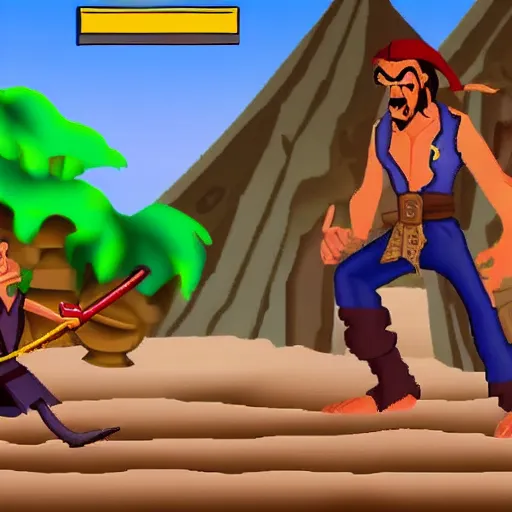 Image similar to monkey island game, guybrush swordfighting with jack sparrow