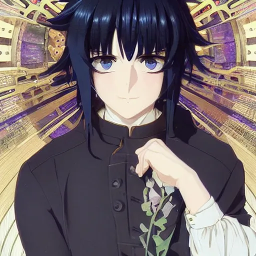 Image similar to small boy with black hair and blue purple eye, school uniform, anime style, hyper detailed, illustration, digital painting, art by artgerm and greg rutkowski and alphonse mucha, high delicate defined details, anime stylized, highly detailed, realistic, sharp focus, symmetrical face