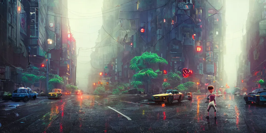 Prompt: a film still from sony pictures animation by alberto mielgo, an industrial planet city, vibrant, 5 0 mm lens, video game character and environment design, behance hd, studio, urban patrol, evening, dramatic lighting, misty and raining, cinematic, global illumination, trending on artstation, bloom