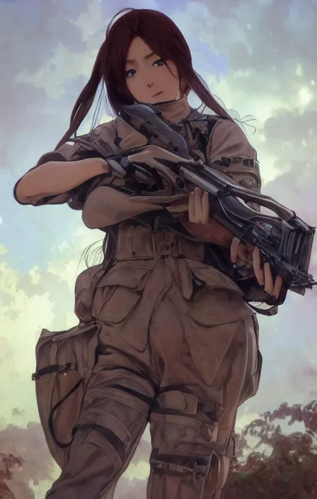 Prompt: infantry girl, anime style, symmetrical facial features long hair, hair down, under heavy fire, smoke explosions, visual novel character sheet, hyper realistic, pale skin, rule of thirds, extreme detail, 4 k, detailed drawing, trending artstation, realistic lighting, by alphonse mucha, greg rutkowski, sharp focus, backlit, combat vest