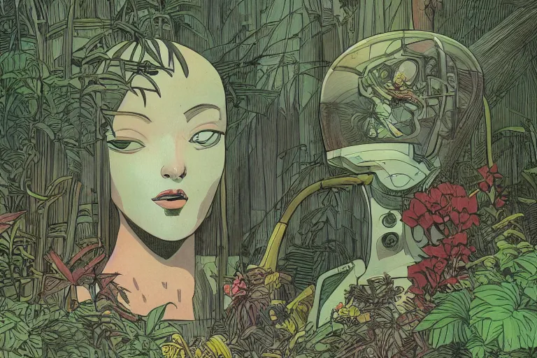 Image similar to gigantic robot - girl head floating in the space, a lot of exotic plants, trees, flowers, oldschool vintage sci - fi flat surreal grainy design, super - detailed, drawing by moebius, satoshi kon, craig gleason, hd, 4 k, high quality