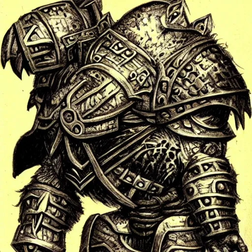 Image similar to ogre warrior wearing plated armor who is holding a battle axe in the style of warhammer fantasy : : head and torso drawing