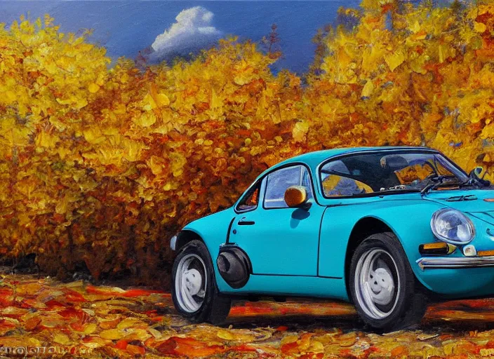 Prompt: an oil painting of a yellow alpine A110 in autumn