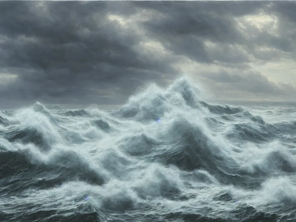 Image similar to a cinematic view of a stormy sea with cthulhu rising. art by william trost richards and donato giancola, hyperrealism, artstation