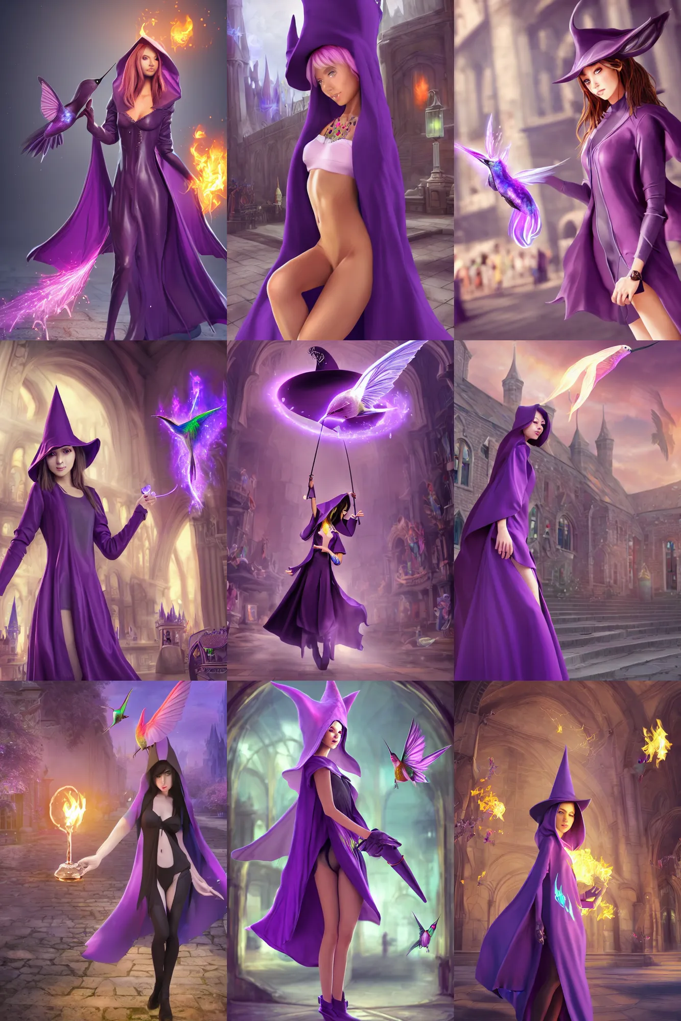Prompt: Young petite beautiful woman in slim purple witch robes and pointy hat at a crowded magical university, a flaming magical hummingbird pet, full body shot unreal engine hyperreallistic render 8k character masterpiece digital art, cell shader shading, raytracing, comic art, manga, trending on Artstation, CGSociety