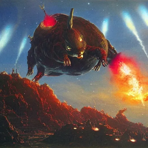 Image similar to the world destroyer big chungus, evil, glowing red eyes, hyper realistic, fantasy art, in the style of chris foss and alan lee, intricate, hyper detailed, smooth
