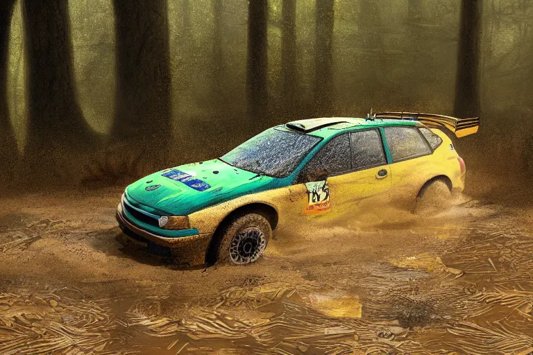 Image similar to a rally car splashing thru a mud puddle in a forest. Digital art, extremely detailed, artstation, motion blur, mist