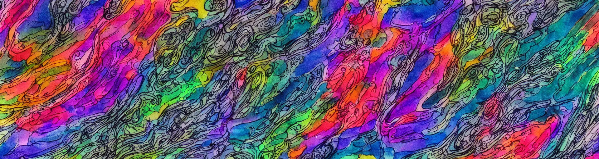 Prompt: Hissing bellows of colorful steam from the strange machine in the busy workshop. Black ink line drawing over a watercolor. Cosmic colors. 4K.