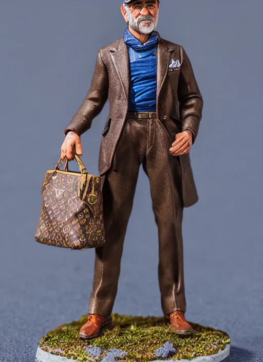 Prompt: 8 0 mm resin detailed miniature of sean connery wearing a hat and a louis vuitton bag in his hand, product introduction photos, 4 k, full body,