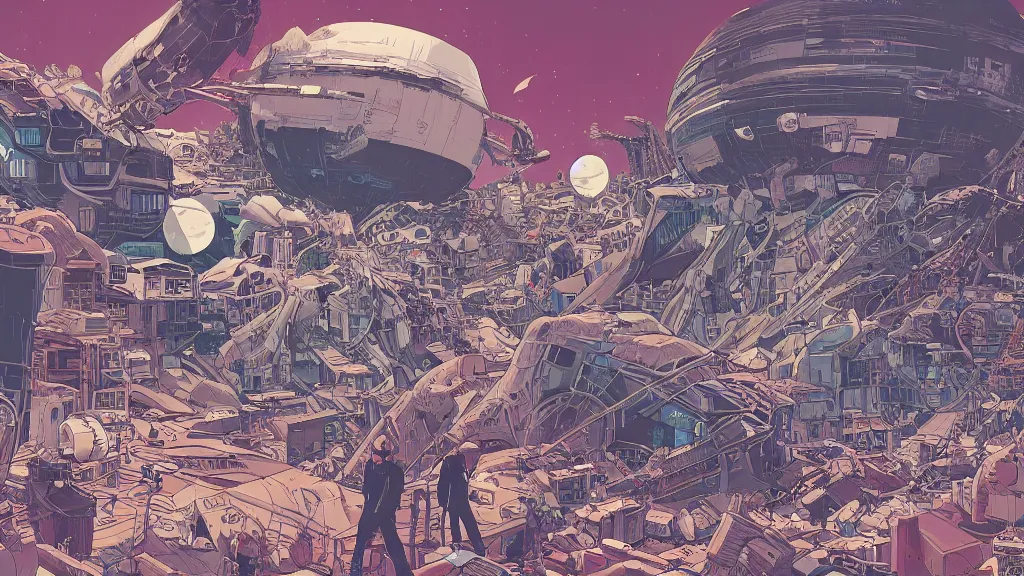 Prompt: very detailed, prophet graphic novel, ilya kuvshinov, mcbess, rutkowski, simon roy, illustration of space junk floating in space around a dystopian dead planet earth, illustration of decrepit cyberpunk arcologies, wide shot, colorful, deep shadows, astrophotography