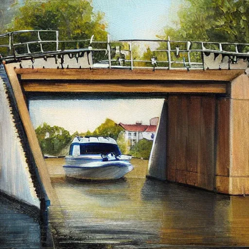 Prompt: modern drawbridge opening for boat on the canal, mattle painting