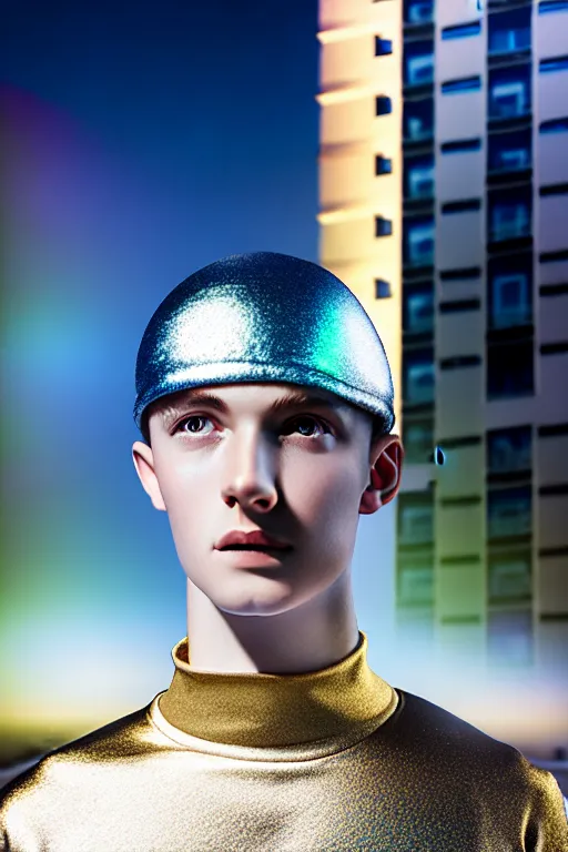 Image similar to un ultra high definition studio quality photographic art portrait of a young man standing on the rooftop of a british apartment building wearing soft padded silver pearlescent clothing. three point light. extremely detailed. golden ratio, ray tracing, volumetric light, shallow depth of field. set dressed.