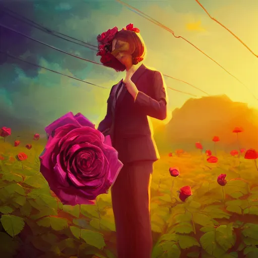 Prompt: closeup, large rose flower head, frontal, a girl in a suit, surreal photography, sunrise, dramatic light, impressionist painting, digital painting, artstation, simon stalenhag