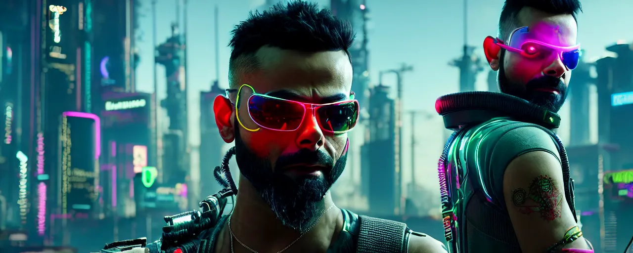 Image similar to Virat Kholi, in CyberPunk 2077, reimagined as a cyberpunk dystopia, 4k highly detailed digital art 4k highly detailed digital art