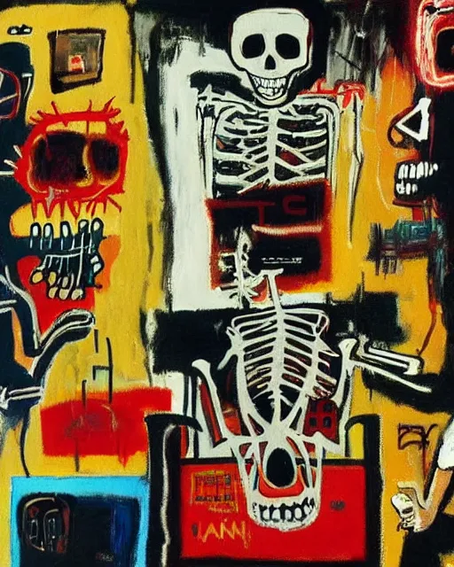 Image similar to oil neo expressionism painting of skull skeleton playing console video games infront of tv by basquiat and norman rockwell