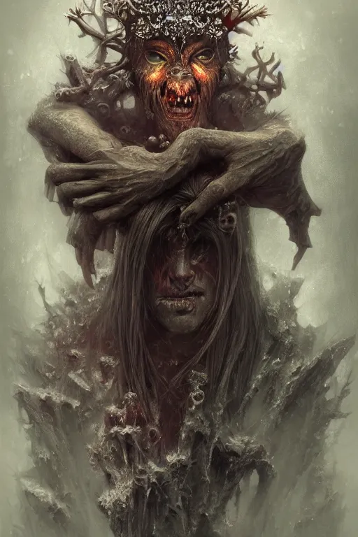 Prompt: photography of demonic bill brauer, ornament crown, holding organic crystals, frost, deep focus, d & d, fantasy, intricate, elegant, highly detailed, digital painting, artstation, concept art, matte, sharp focus, illustration, art hyper detailed, 3 d render, hyper realistic detailed portrait, peter mohrbacher, wlop, ruan jia