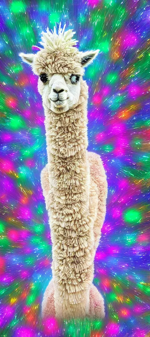 Image similar to digital artwork of an alpaca in the forest of pastel feathers lit by small fireflies at night