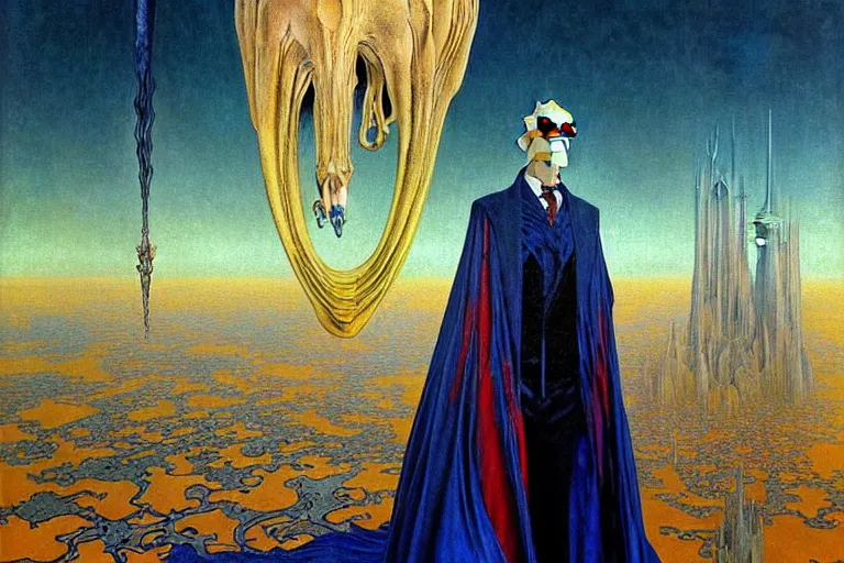 Image similar to realistic extremely detailed portrait painting of an elegantly creepy vampire man in a cape, futuristic sci-fi fortress on background by Jean Delville, Amano, Yves Tanguy, Alphonse Mucha, Ernst Haeckel, Edward Robert Hughes, Roger Dean, rich moody colours, blue eyes