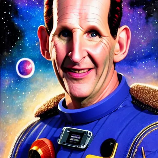 Image similar to uhd photorealistic cosmic chris barrie as arnold j. rimmer in space. amazing detail, correct face, symmetrical face, by karol bak and zawadzki, hyperdetailed. intricate details with studio lighting.