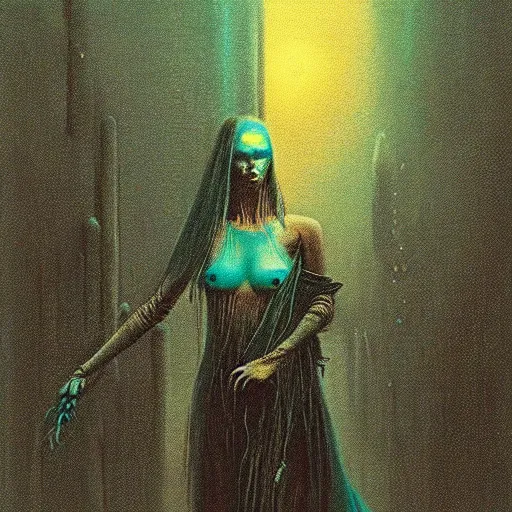 Prompt: cyberpunk sorceress with teal flames, by beksinski