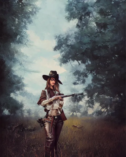 Prompt: a highly detailed oil painting of A cowgirls, in professional makeup, with medium length hair covering an eye, and a tall tree, and large gun, portrait, cinematic lighting, dramatic atmosphere, by Dustin Nguyen, Akihiko Yoshida, Greg Tocchini, Greg Rutkowski, Cliff Chiang, 4k resolution, trending on artstation