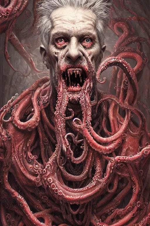Image similar to realistic portrait of beautifully crystalized and detailed portrait of a zombie old man, tentacles, matte painting of cinematic movie scene red dragon, horror, created by gustave dore and greg rutkowski, high detailed, smooth draw, synthwave neon retro, intricate, realistic proportions, dramatic lighting, trending on artstation.