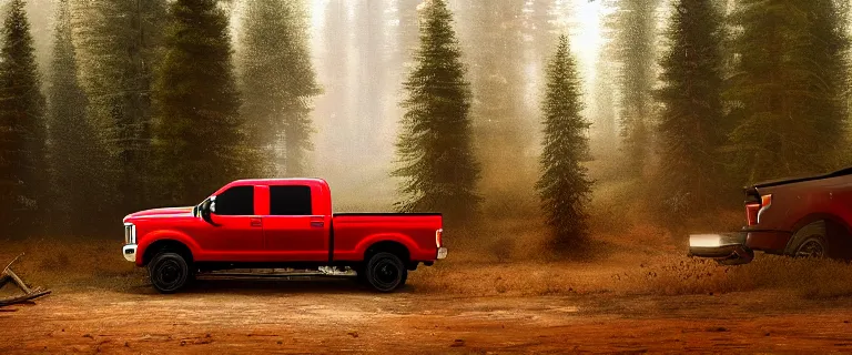 Image similar to red Ford F-250 super duty pickup truck (2018), an epic fantasy, dramatic lighting, cinematic, establishing shot, extremely high detail, photorealistic, cinematic lighting, artstation, by simon stalenhag, driving on a forest trail