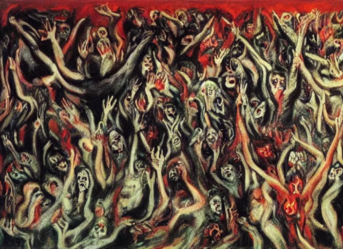 Image similar to mosh pit full of demons and beautiful women in hell ’ s nightclub, sfumato abstract oil on canvas, by rothko, by jackson pollock, by monet