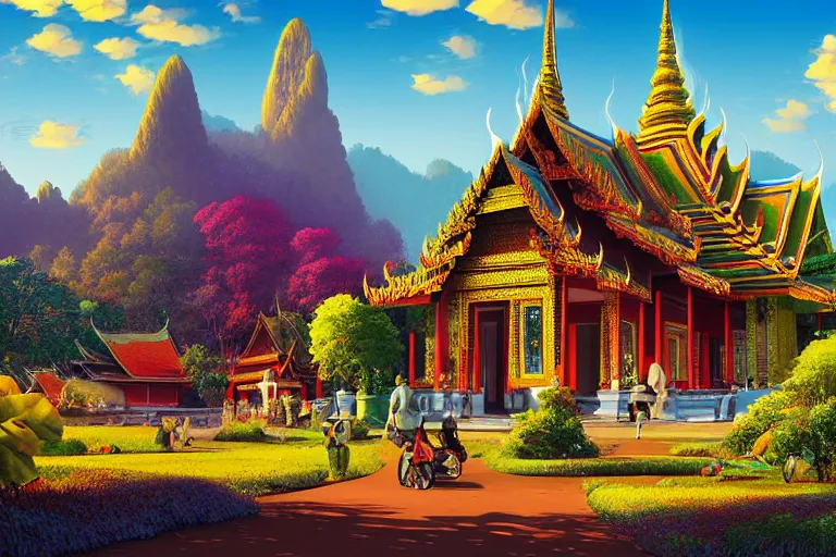 Prompt: summer morning, thai temple, rolling mountain, very coherent and colorful high contrast, art by gediminas pranckevicius, geof darrow, dark shadows, hard lighting