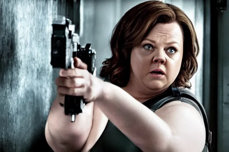 Prompt: Melissa McCarthy starring in Resident Evil, horror, cinematic style, realistic, 35mm