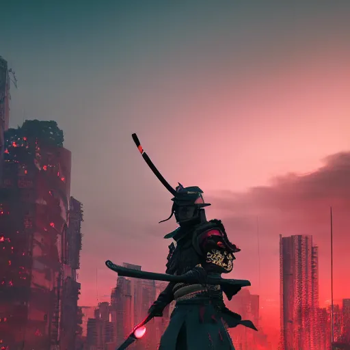 Prompt: a samurai cavalry batallion an abandoned ruined hong kong in the background, very detailed 8 k, neon cyberpunk fantasy style, end of the world, unreal engine render, global illumination, ray tracing, octane render, rtx, path tracing, enhanced, by julian calle, trending on artstation