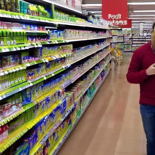 Image similar to selfi stick photography of an annoying youtuber visiting a hard discount supermarket, highly detailed, photorealistic