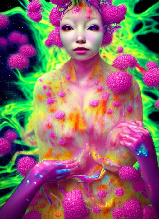 Image similar to hyper detailed 3d render like a Oil painting - kawaii Aurora (Singer) seen Eating of the Strangling network of colorful yellowcake and aerochrome and milky Fruit and Her delicate Hands hold of gossamer polyp blossoms bring iridescent fungal flowers whose spores black the foolish stars by Jacek Yerka, Mariusz Lewandowski, Houdini algorithmic generative render, Abstract brush strokes, Masterpiece, Edward Hopper and James Gilleard, Zdzislaw Beksinski, Mark Ryden, Wolfgang Lettl, hints of Yayoi Kasuma, octane render, 8k