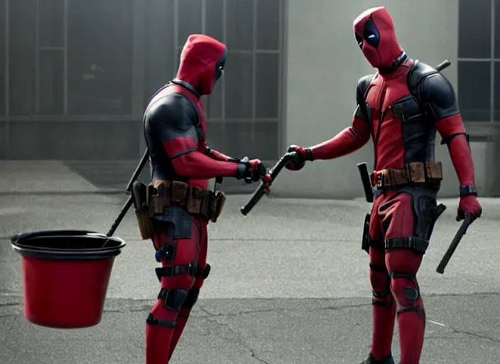 Image similar to film still of Deadpool works as a janitor in the new Deadpool movie, 4k