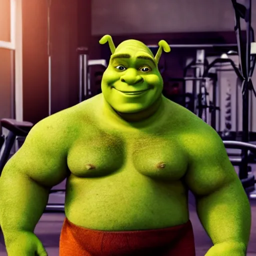 Image similar to Shrek with six-pack abs working out at the gym
