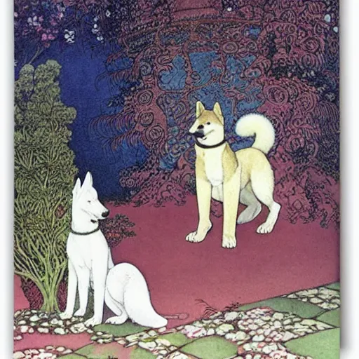 Image similar to a red akita inu in a moonlit palace garden, by warwick goble and kay nielsen