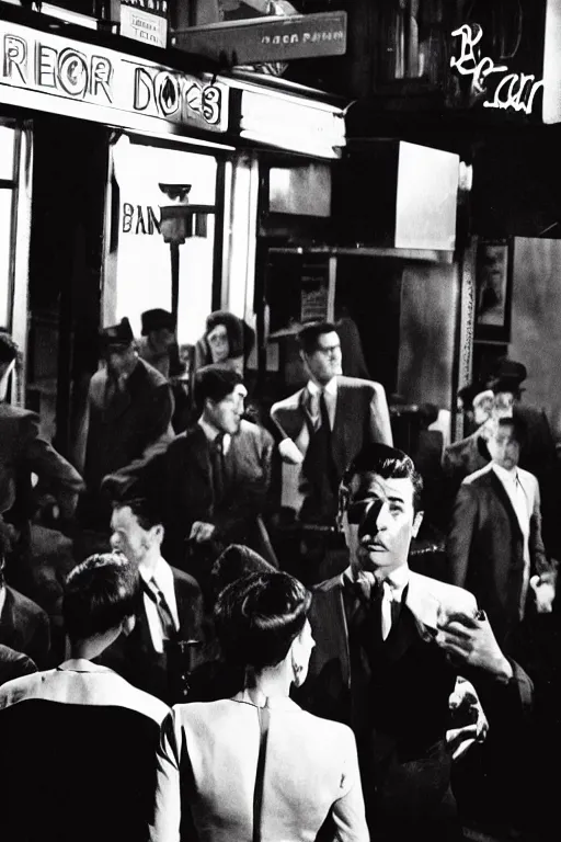 Image similar to film noir jazz bar, crowds of people, she arrived in a red dress