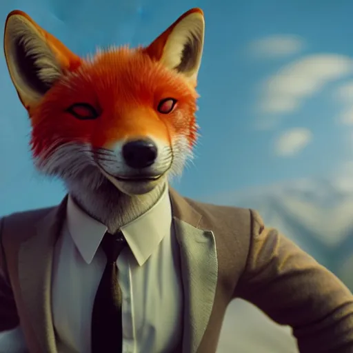 Image similar to movie still photo of cute anthropomorphic vulpes vulpes fulva as james bond : : by weta, greg rutkowski, wlop, ilya kuvshinov, rossdraws, artgerm, octane render, iridescent, bright morning, anime, liosh, mucha : :