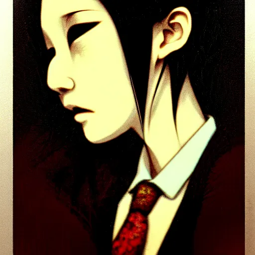 Image similar to yoshitaka amano blurred and dreamy three quarter angle portrait of a young woman with white hair and black eyes wearing dress suit with tie, playstation 2 horror game, junji ito abstract patterns in the background, satoshi kon anime, chungking express color palette, noisy film grain effect, highly detailed, renaissance oil painting, weird portrait angle, blurred lost edges