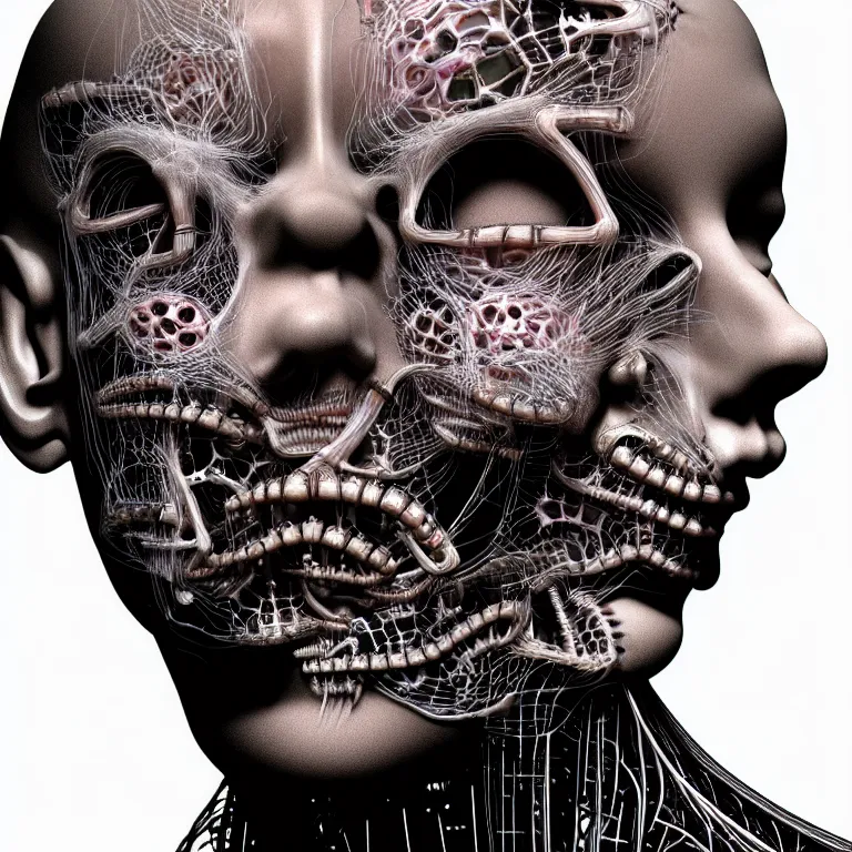 Image similar to portrait of neural nightmares by yoshitaka amano and HR Giger, detailed face face face face, facial structure, hd, 8k, very very very very electronic, biomechanical, biology, bio, neural machine