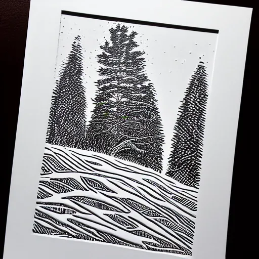 Prompt: winter forest, reaction diffusion linocut