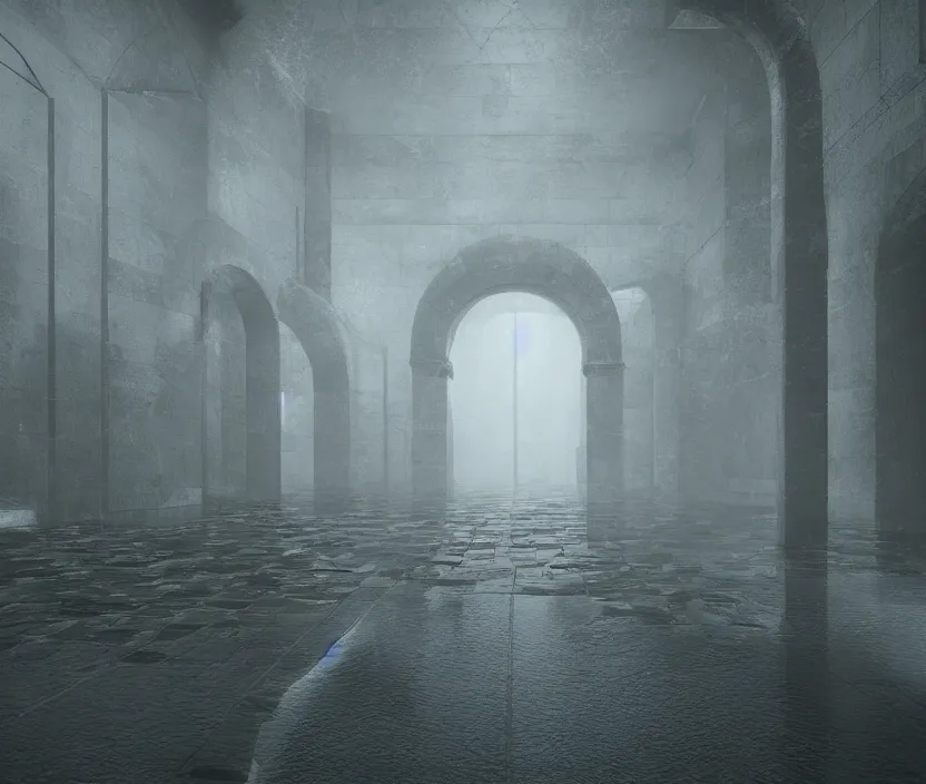 Image similar to tiled room squared waterway, aqueducts, gloomy and foggy atmosphere, octane render, artstation trending, horror scene, volumetric lighting, highly detailded