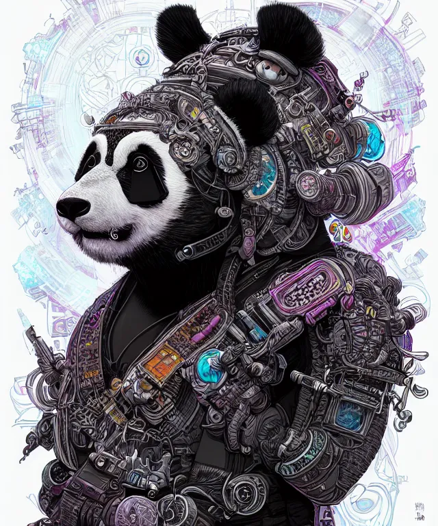 Image similar to a portrait of a cyberpunk panda, mandala, fantasy, intricate, elegant, highly detailed, digital painting, artstation, concept art, matte, sharp focus, illustration, art by josan gonzalez